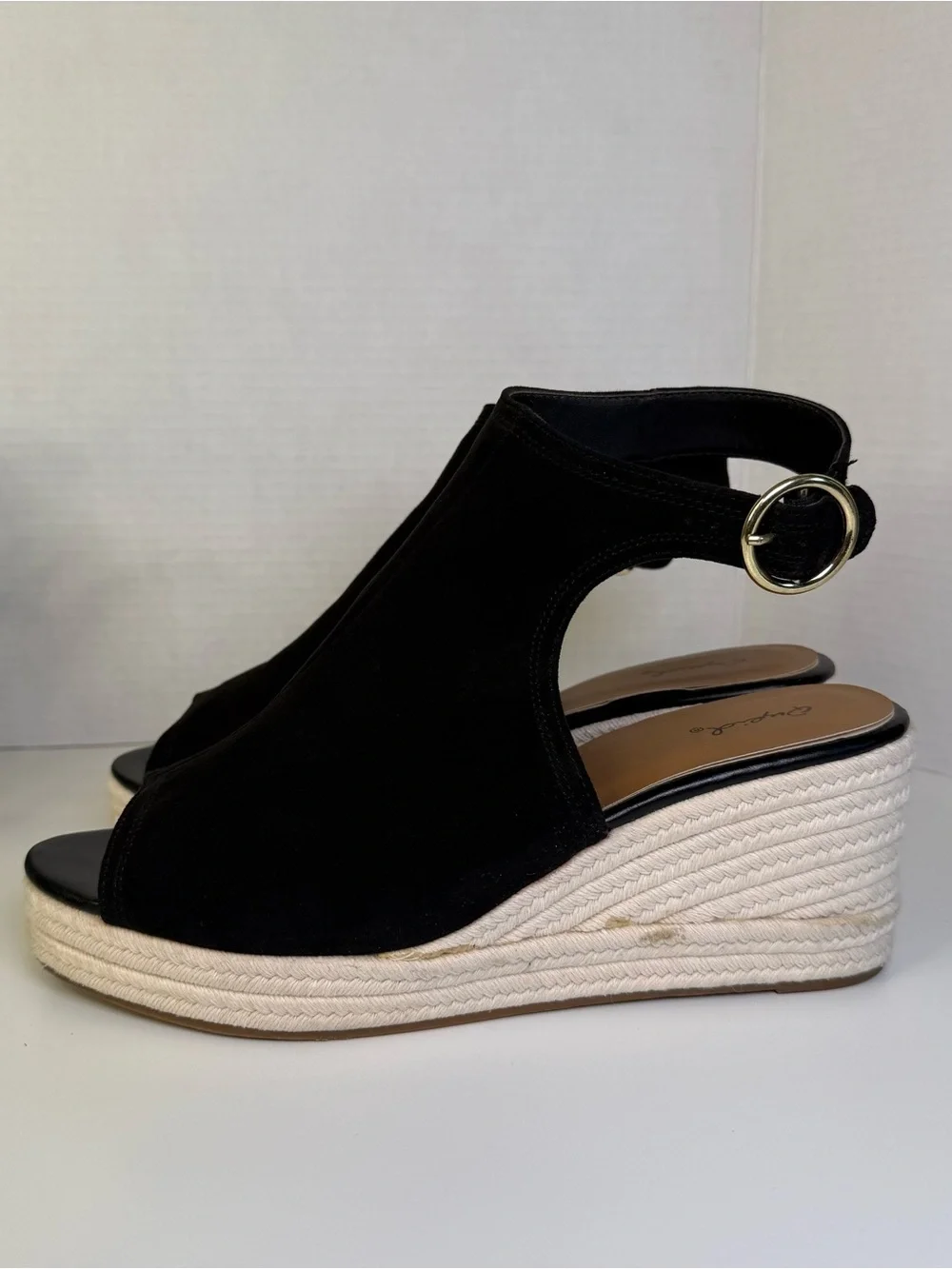 Qupid Caleb Black & Beige Open-Toe Espadrille Wedge Boho Sandals Womens Size 10